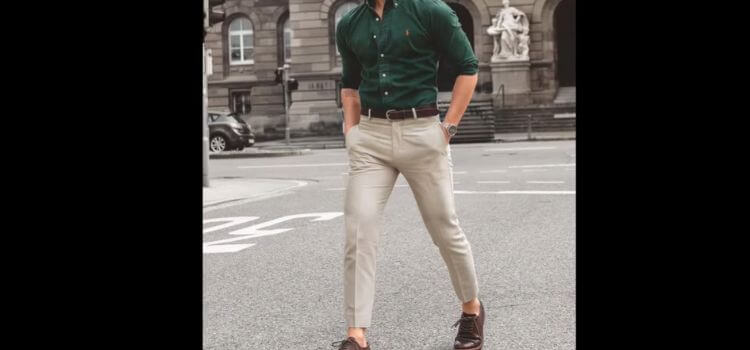 Khaki Pants with Dark Green T-Shirt