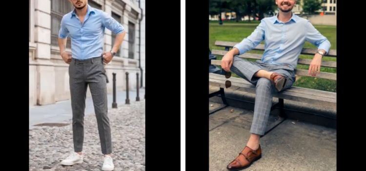 Blue pants gray shoes best sale